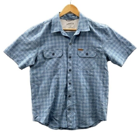 Orvis Camp Shirt Mens‎ Medium Blue Plaid Polyester Chest Pockets - Picture 1 of 8
